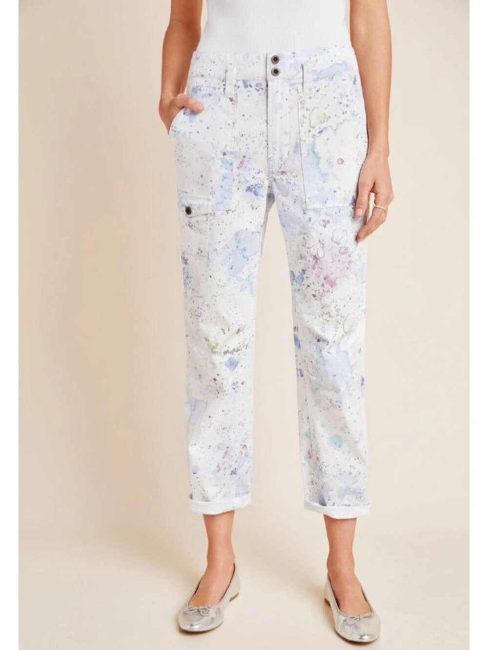 Anthropologie Women Sz 25 The Wanderer Splatter Paint Cargo Pants White Multicol